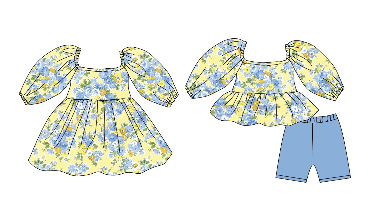 12.8 (Custom Design Preorder MOQ 5 Each Design) Yellow Blue Flowers Print Girls Summer Matching Clothes Sisters Wear