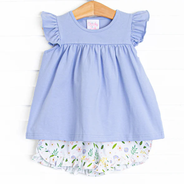 (Custom Design Preorder MOQ 5) Blue Tunic Top Flowers Shorts Girls Summer Clothes Set