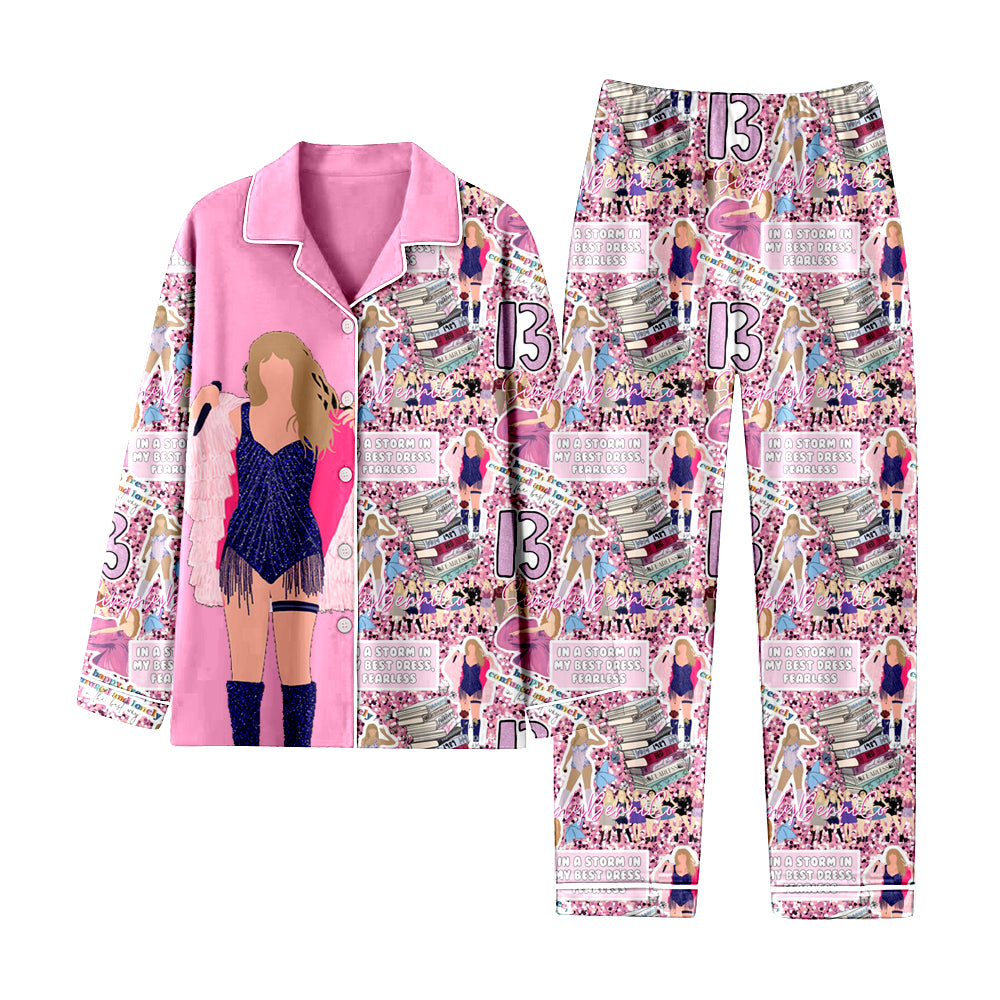 12.12(Custom Design Preorder MOQ 5) Singer Swiftie Pink Print Girls Buttons Pajamas Clothes Set