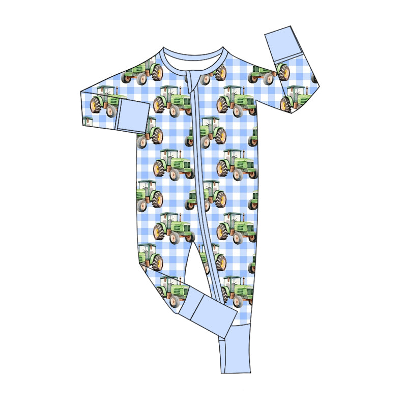 (Custom Design Preorder MOQ 20) Tractors Blue Plaid Print Baby Boys Bamboo Fall Sleeper Zipper Romper