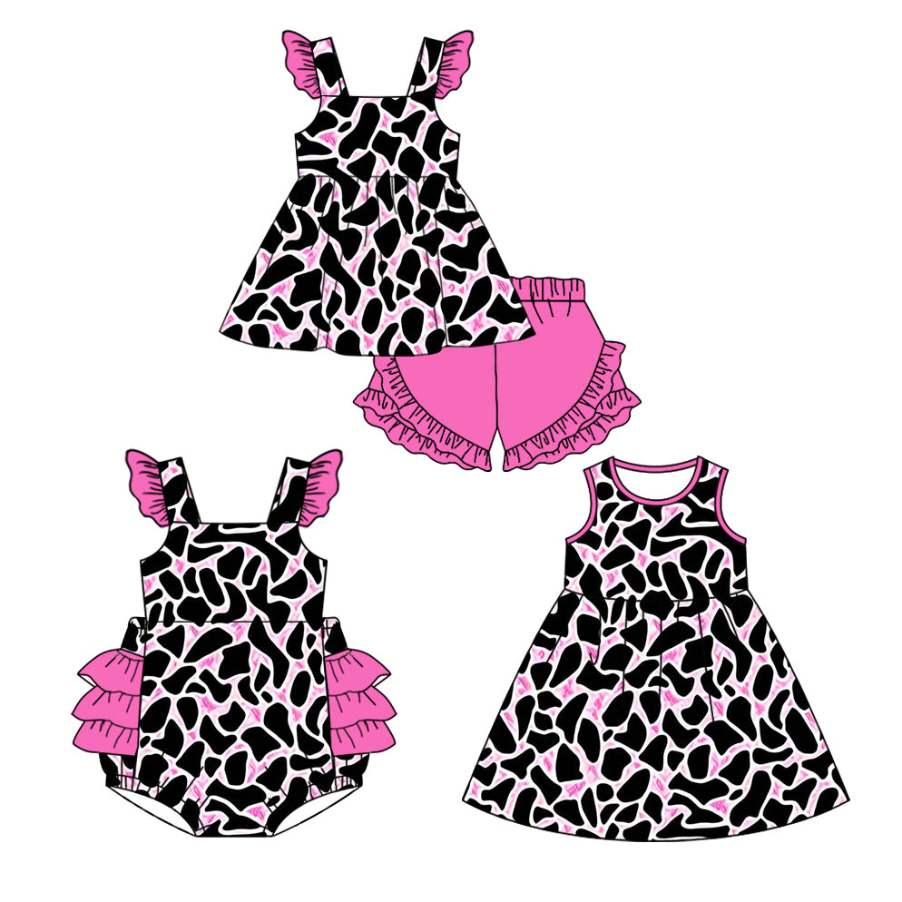 11.18(Custom Design Preorder MOQ 5 Each Design) Pink Cow Print Girls Summer Matching Clothes Set Sisters Wear