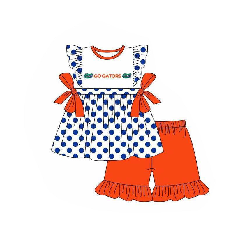 (Custom Design Preorder MOQ 5) Team's GO GATORS Dots Tunic Top Orange Shorts Girls Summer Clothes Set