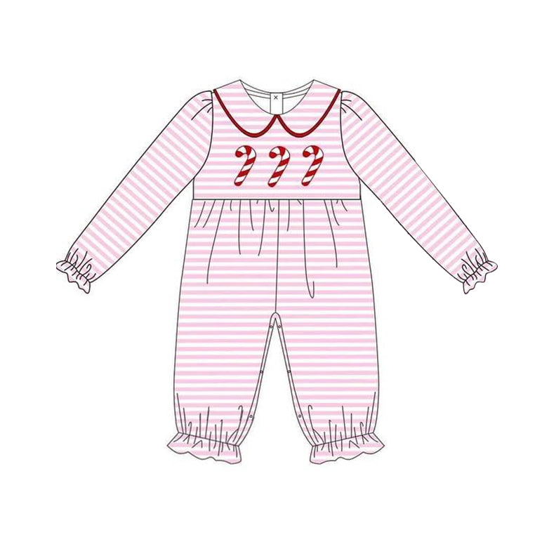 (Custom Design Preorder MOQ 5) Candy Cane Pink Print Baby Girls Christmas Romper