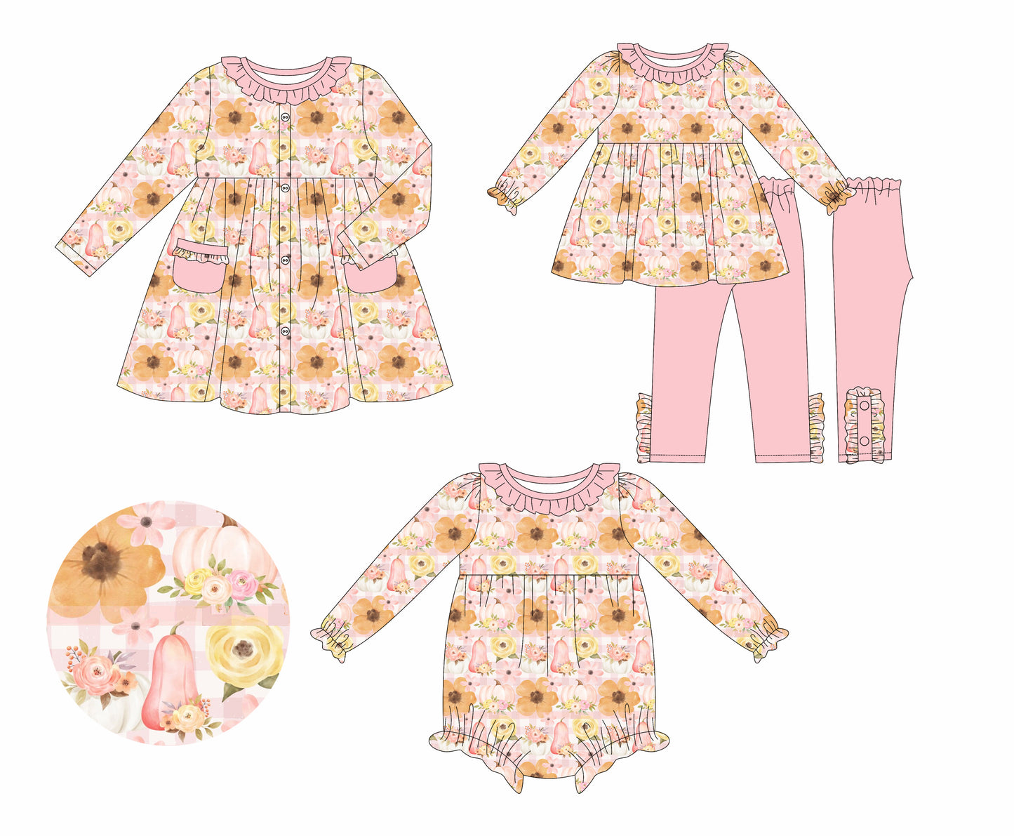 5.24(Custom Design Preorder MOQ 5 Each Design) Pumpkin Flowers Print Girls Fall Matching Clothes Sisters Wear