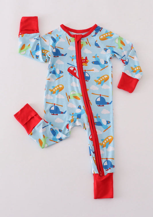 (Custom Design Preorder MOQ 5) Plane Print Baby Boys Fall Sleeper Zipper Romper