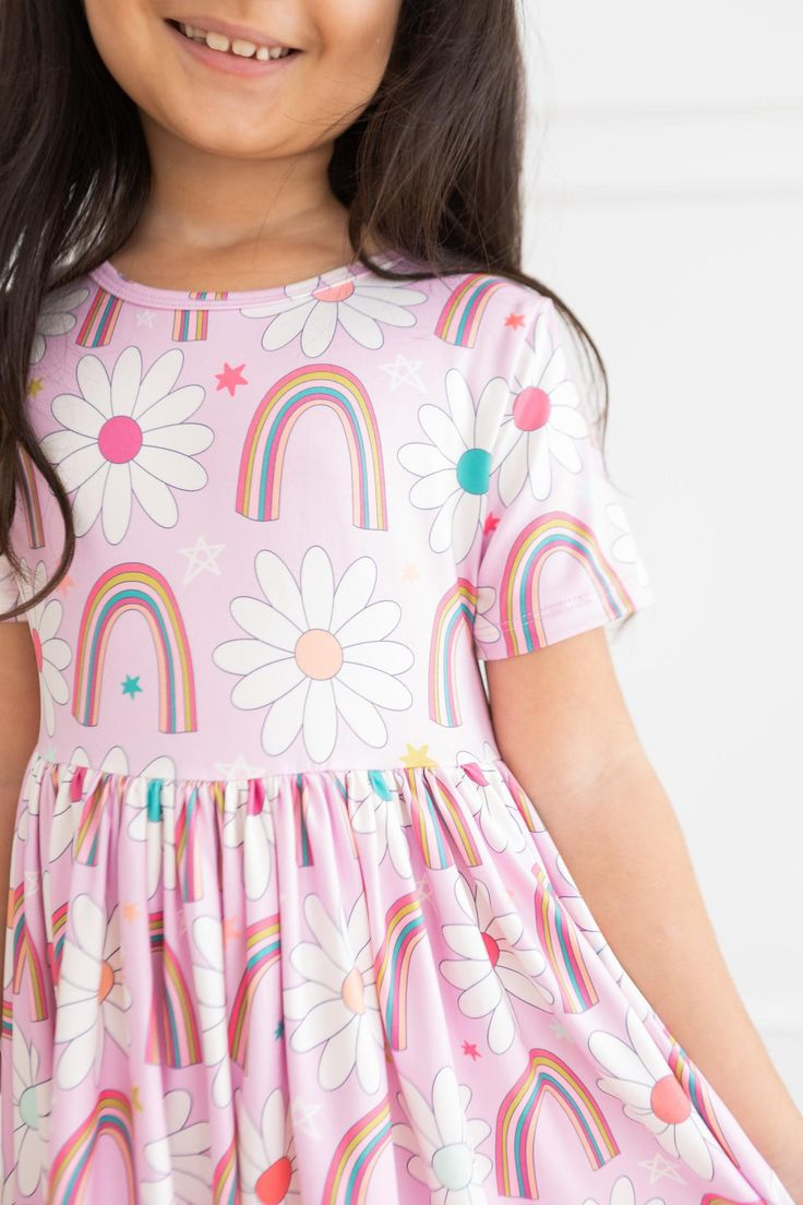 (Custom Design Preorder MOQ 5) Flowers Rainbow Print Girls Knee Length Summer Dress