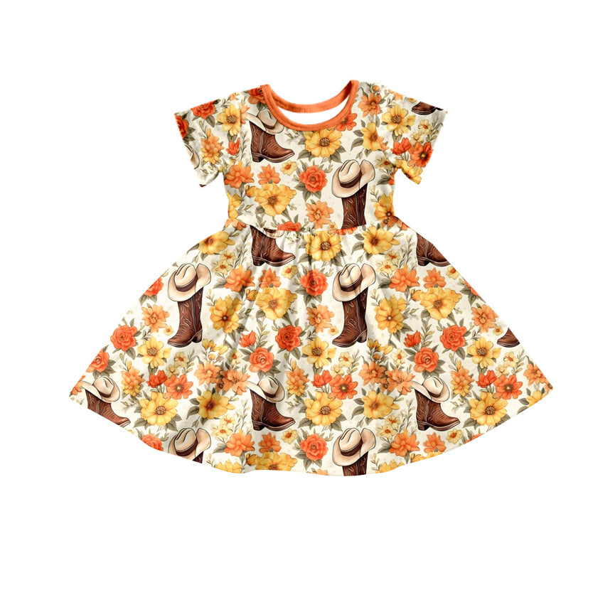 (Custom Design Preorder MOQ 5) Orange Flowers Boots Girls Western Knee Length Dress