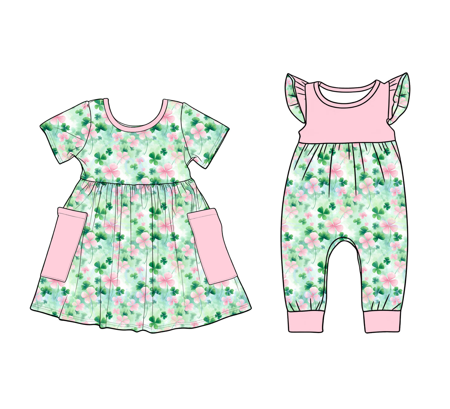 12.9 (Custom Design Preorder MOQ 5 Each Design) Leaf Pink Flowers Print Girls St. Patrick's Day Matching Clothes Sisters Wear
