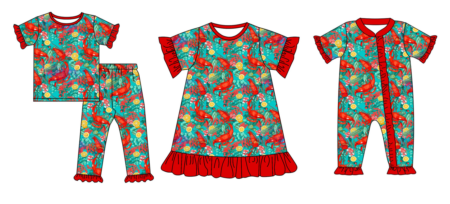 11.28(Custom Design Preorder MOQ 5 Each Design) Crayfish Flowers Print Girls Matching Clothes Sisters Wear