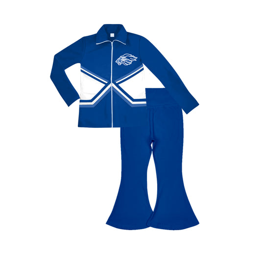 (Custom Design Preorder MOQ 5) Team's Lion Blue Zipper Top Bell Pants Girls Fall Clothes Sets