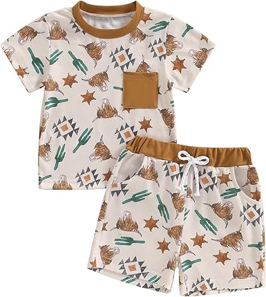 (Custom Design Preorder MOQ 5) Highland Cow Aztec Print Pockets Shorts Boys Summer Western Clothes Set