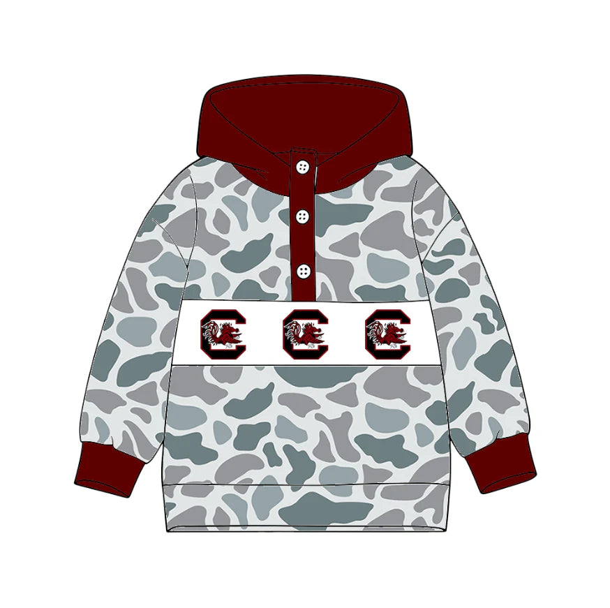 (Custom Design Preorder MOQ 5) Team's Gamecock Camo Print Kids Long Sleeve Buttons Hoodie Top