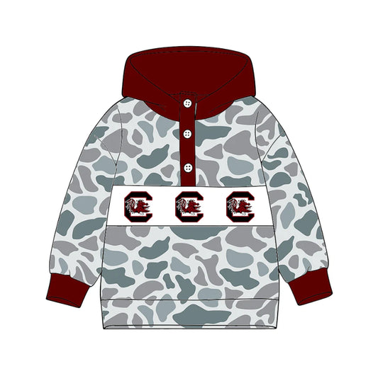 (Custom Design Preorder MOQ 5) Team's Gamecock Camo Print Kids Long Sleeve Buttons Hoodie Top