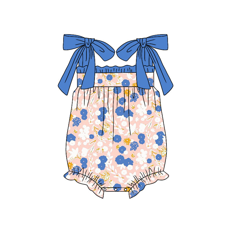 (Custom Design Preorder MOQ 5) Blue Flowers Print Baby Girls Summer Romper