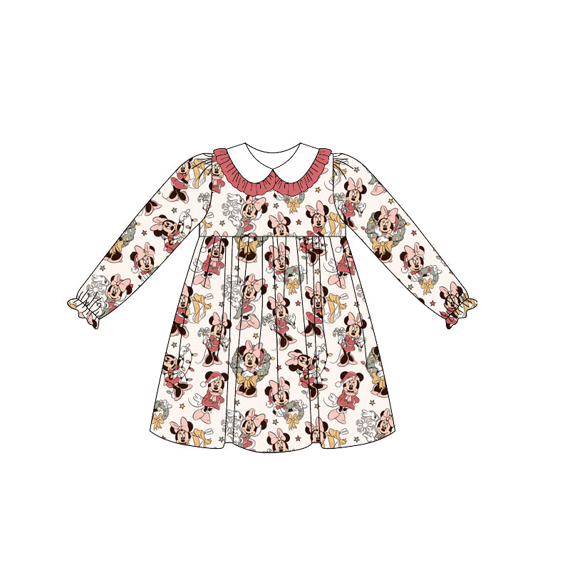 (Custom Design Preorder MOQ 5 ) Cartoon Mouse Print Girls Christmas Knee Length Dress