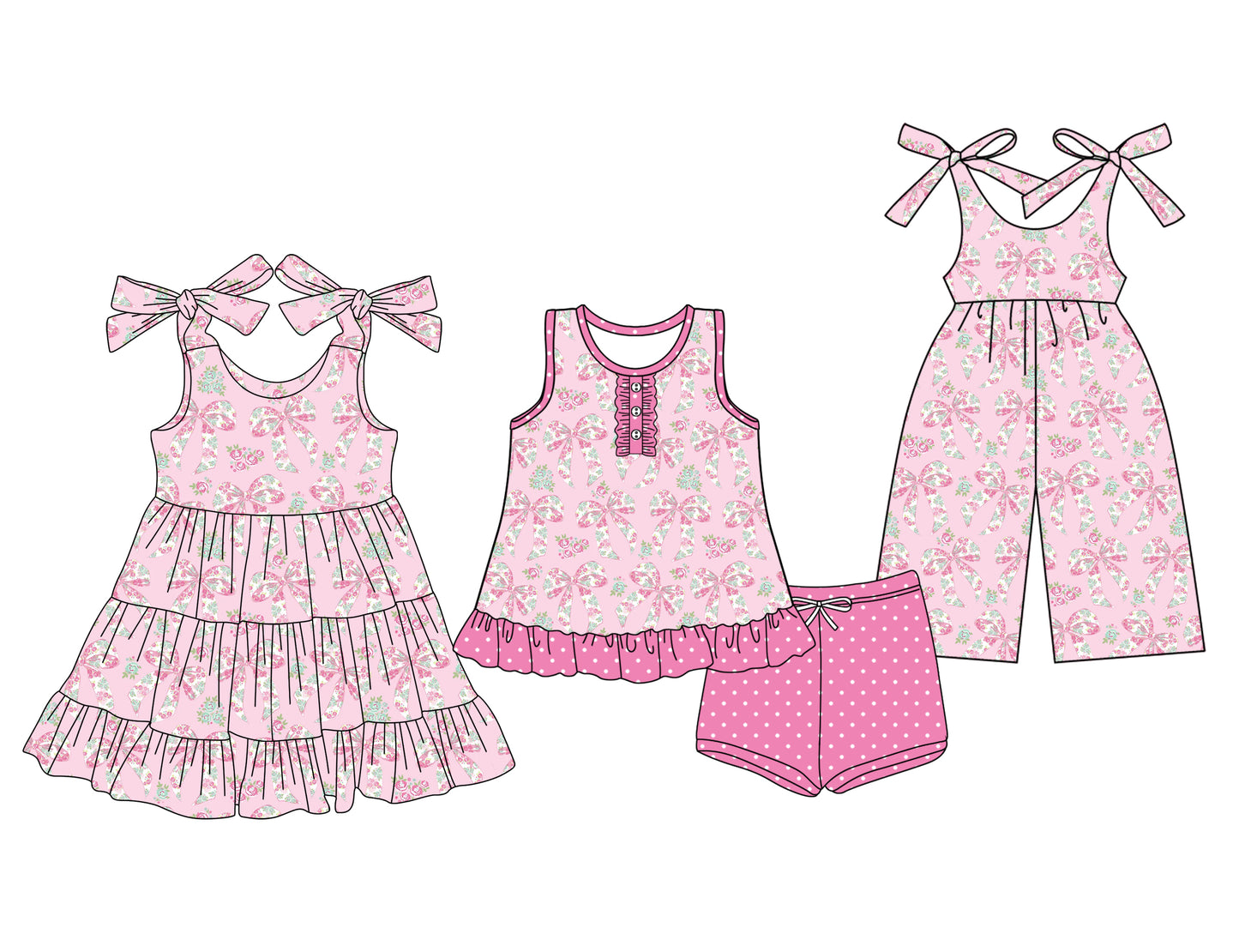 5.23(Custom Design Preorder MOQ 5 Each Design) Pink Flowers Bows Print Girls Summer Matching Clothes Sisters Wear