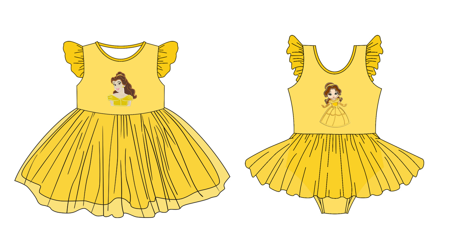 3.11(Custom Design Preorder MOQ 5 Each Design) Cartoon Princess Yellow Print Girls Summer Tulle Matching Clothes Sisters Wear