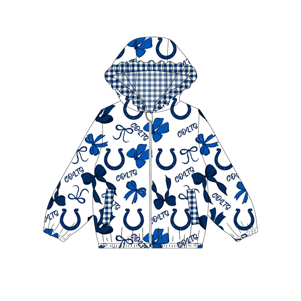 (Custom Design Preorder MOQ 5) Team's COLTS Bows Print Pockets Girls Long Sleeve Zipper Jackets Top