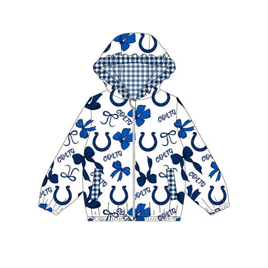 (Custom Design Preorder MOQ 5) Team's COLTS Bows Print Pockets Girls Long Sleeve Zipper Jackets Top