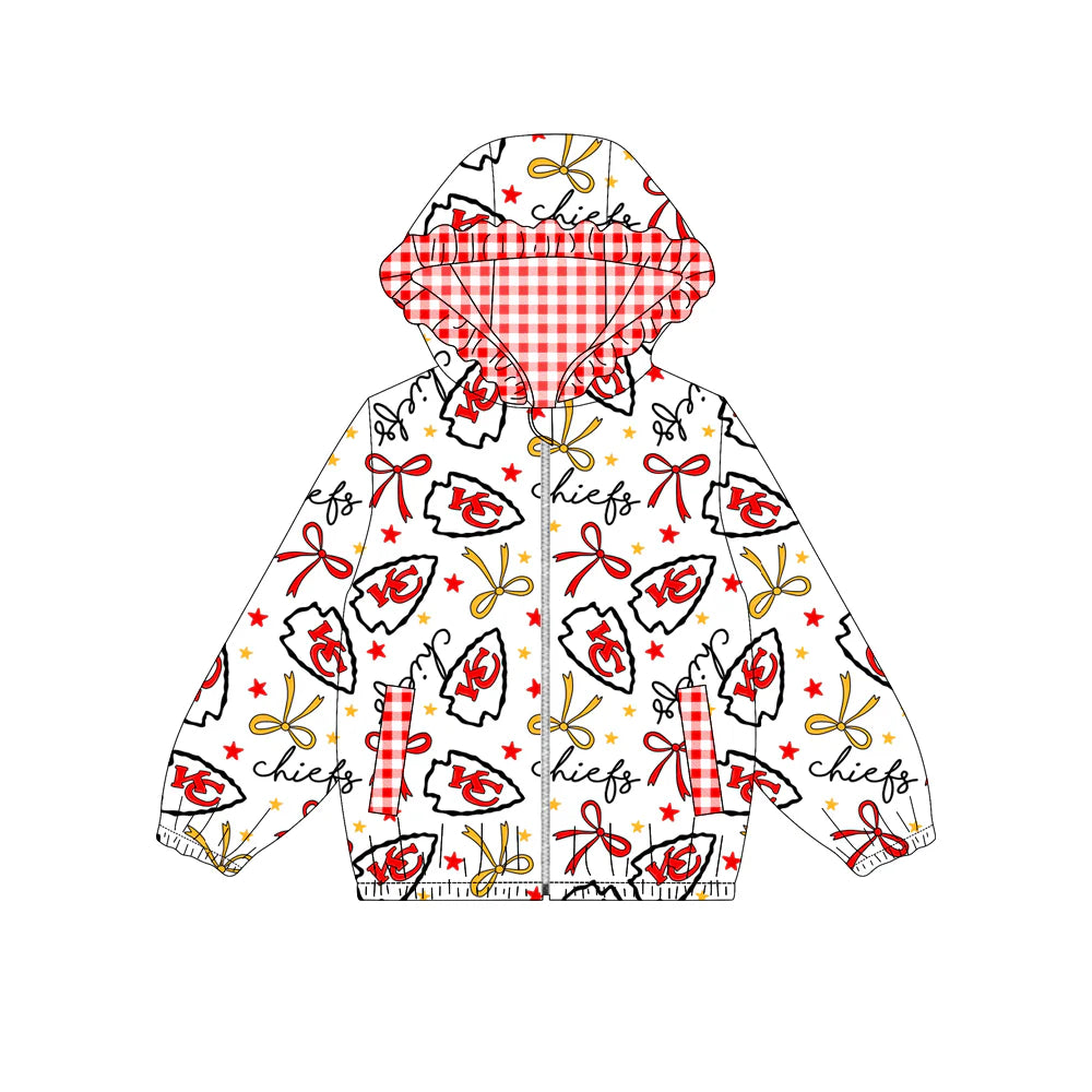 (Custom Design Preorder MOQ 5) Team's CHIEFS Bows Print Pockets Girls Long Sleeve Zipper Jackets Top