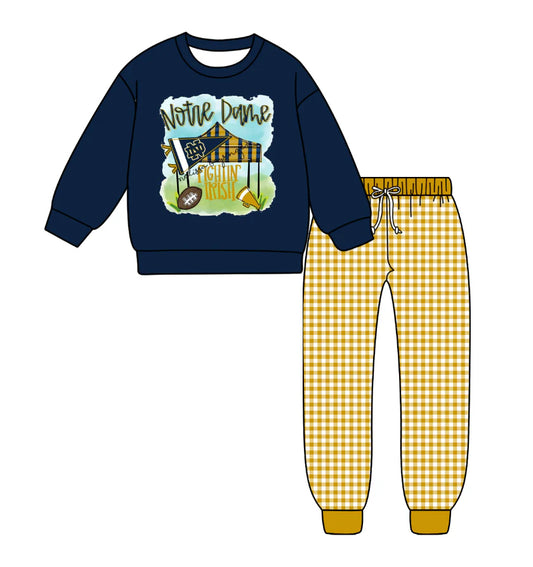 (Custom Design Preorder MOQ 5) Team's Notre Dame Top Plaid Pants Boys Fall Clothes Set