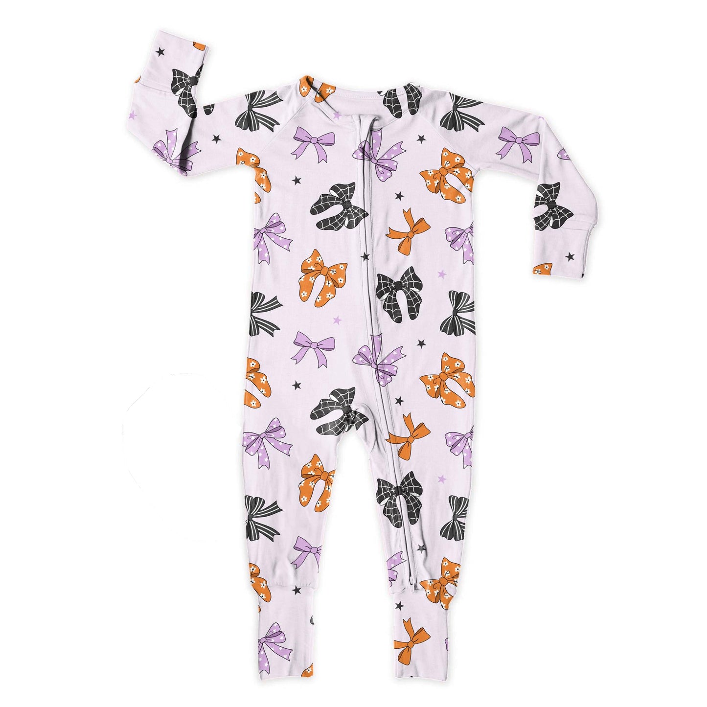 (Custom Design Preorder MOQ 5)  Bows Print Baby Girls Halloween Sleeper Zipper Romper