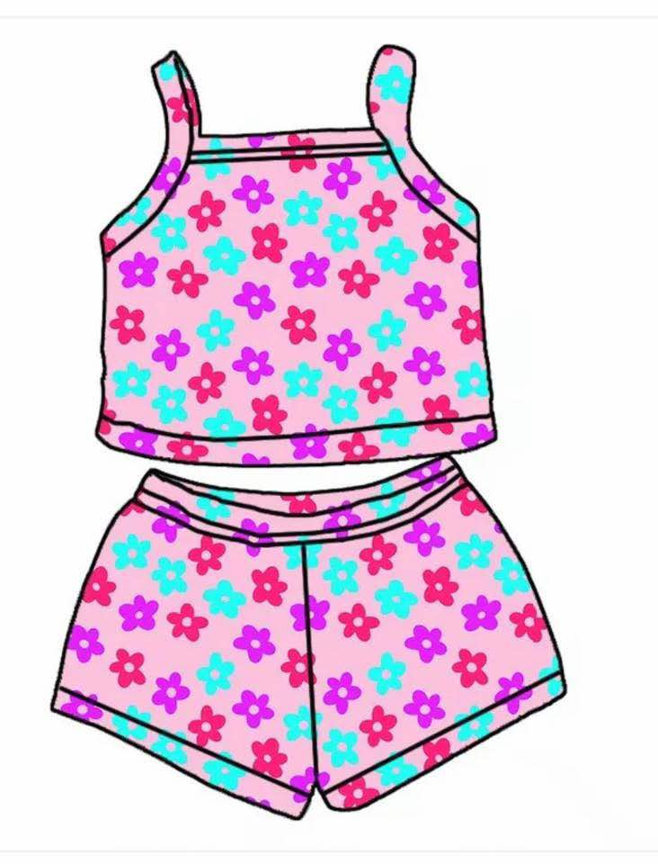 (Custom Design Preorder MOQ 5) Colorful Flowers Tank Top Shorts Girls Summer Clothes Set