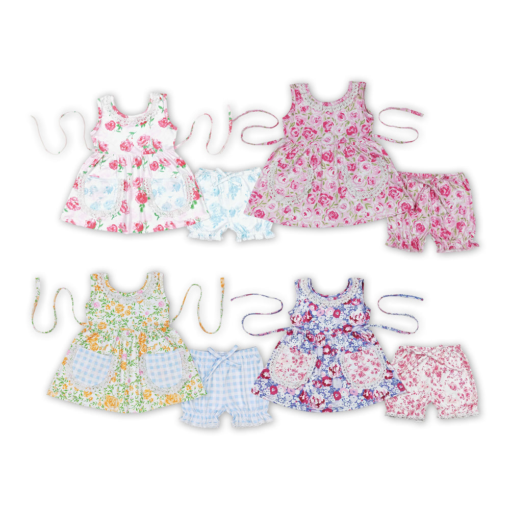 Flowers Print Pockets Girls Summer Clothes Set Sisters Wear