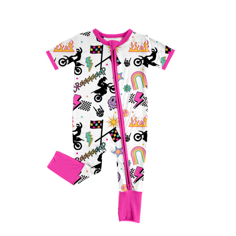 (Custom Design Preorder MOQ 5) Motorbike Print Baby Girls Summer Zipper Romper