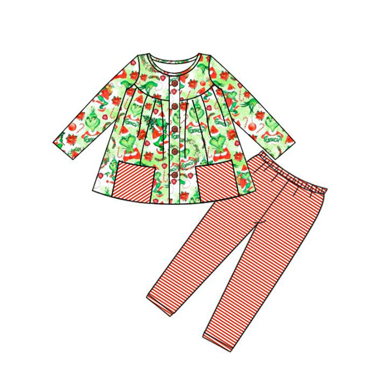 (Custom Design Preorder MOQ 5) Green Frog Tunic Top Stripes Pants Girls Christmas Bamboo Clothes Set
