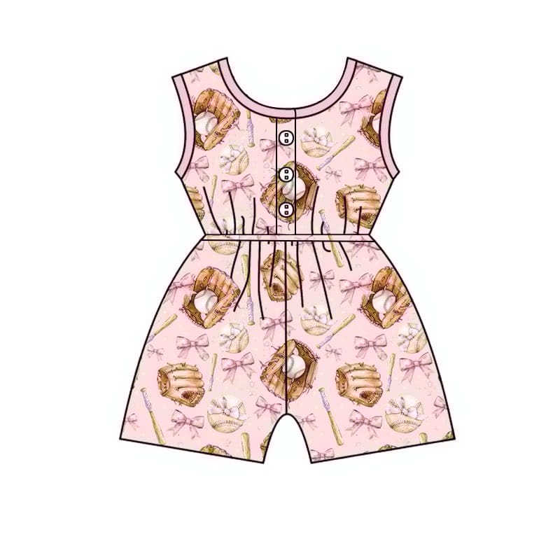 (Custom Design Preorder MOQ 5) Baseball Bows Print Girls Summer Jumpsuits