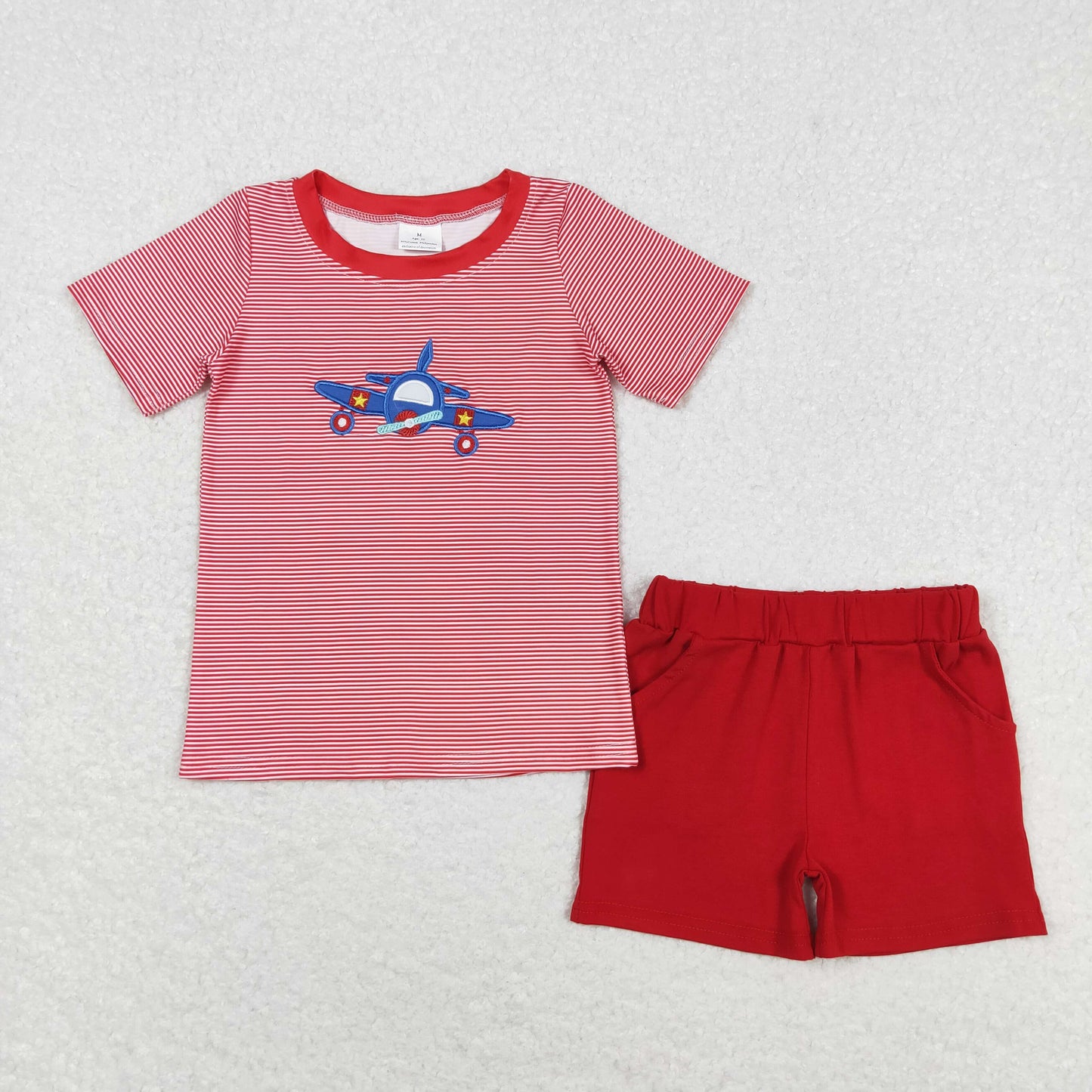 Plane Embroidery Red Stripes Print Brothers Summer Matching Clothes