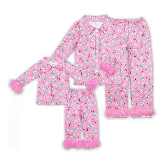 Candy Pink Print Mom and Me Matching Christmas Buttons Fur Pajamas Family Clothes Set