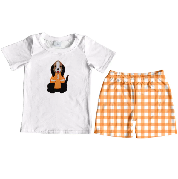 (Custom Design Preorder MOQ 5) Team's Dog White Top Orange Plaid Shorts Boys Clothes Set