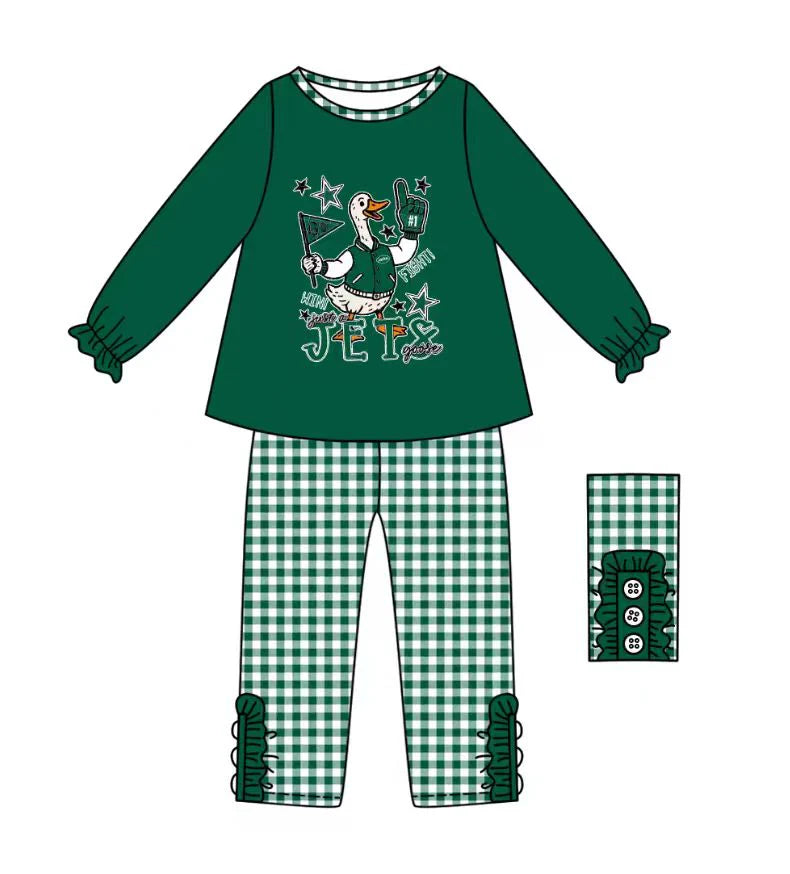 (Custom Design Preorder MOQ 5) Team's JETS Green Top Plaid Pants Girls Fall Clothes Set