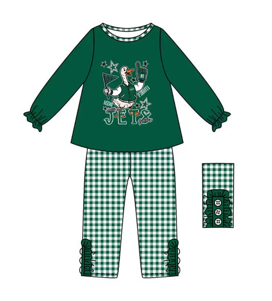 (Custom Design Preorder MOQ 5) Team's JETS Green Top Plaid Pants Girls Fall Clothes Set