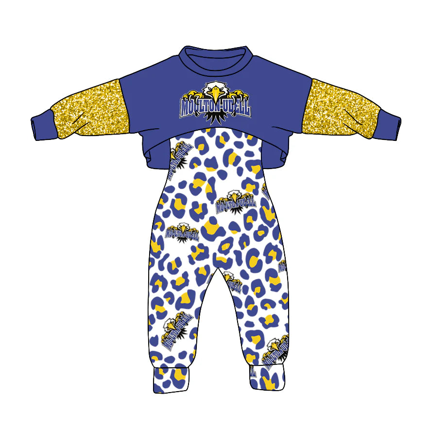 (Custom Design Preorder MOQ 5) Team's MOULTON-UDELL Blue Top Leopard Jumpsuits Girls Clothes Set