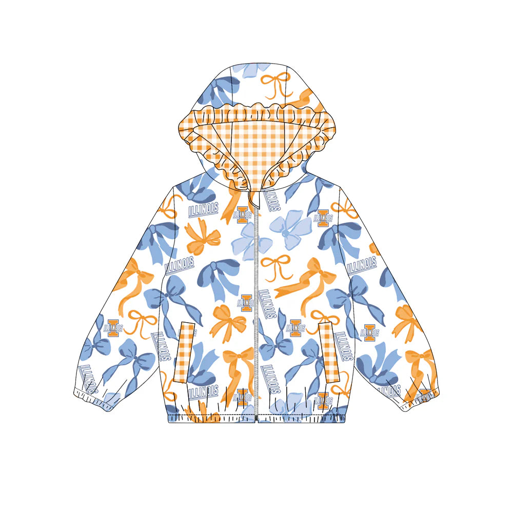 (Custom Design Preorder MOQ 5) Team's ILLINOIS Bows Print Pockets Girls Long Sleeve Zipper Jackets Top