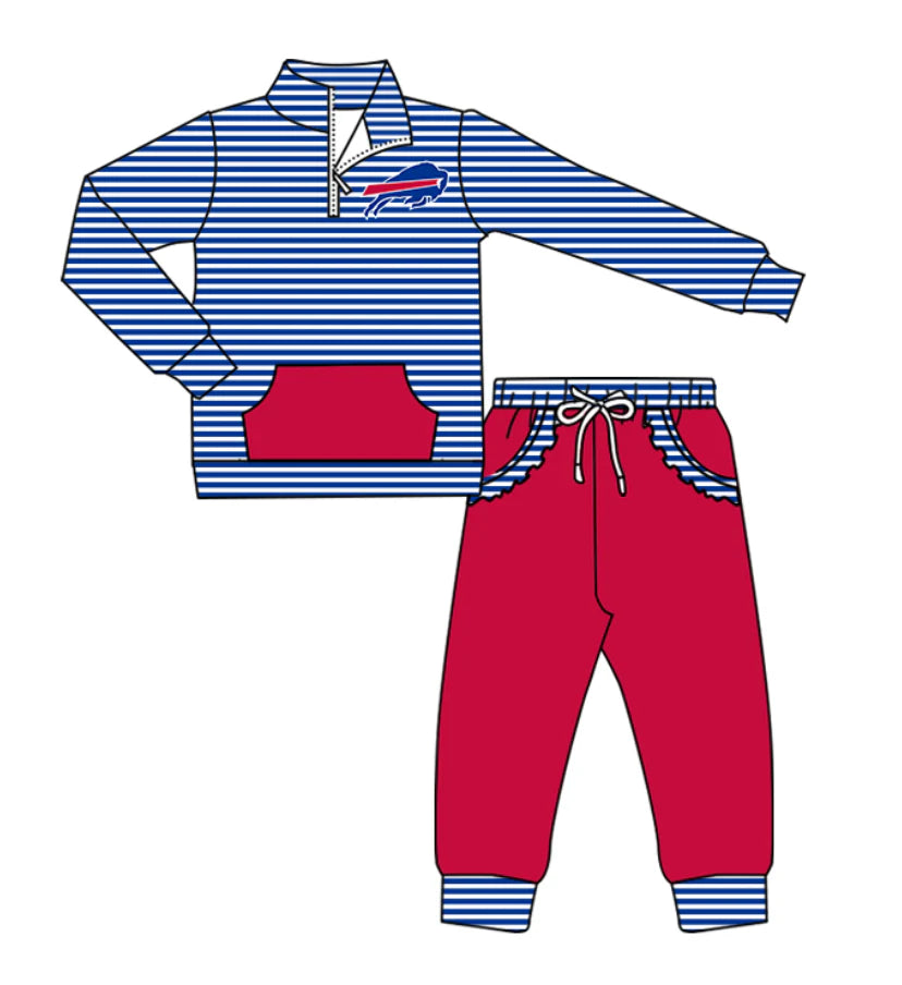 (Custom Design Preorder MOQ 5) Team's Bills Stripes Zipper Top Pockets Pants Girls Clothes Set