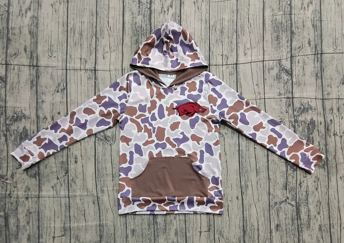 (Custom Design Preorder MOQ 5 Each Item) Team's Arkansas Purple Brown Camo Print Kids Fall Zipper Hoodie Top Mom and Me Matching Clothes