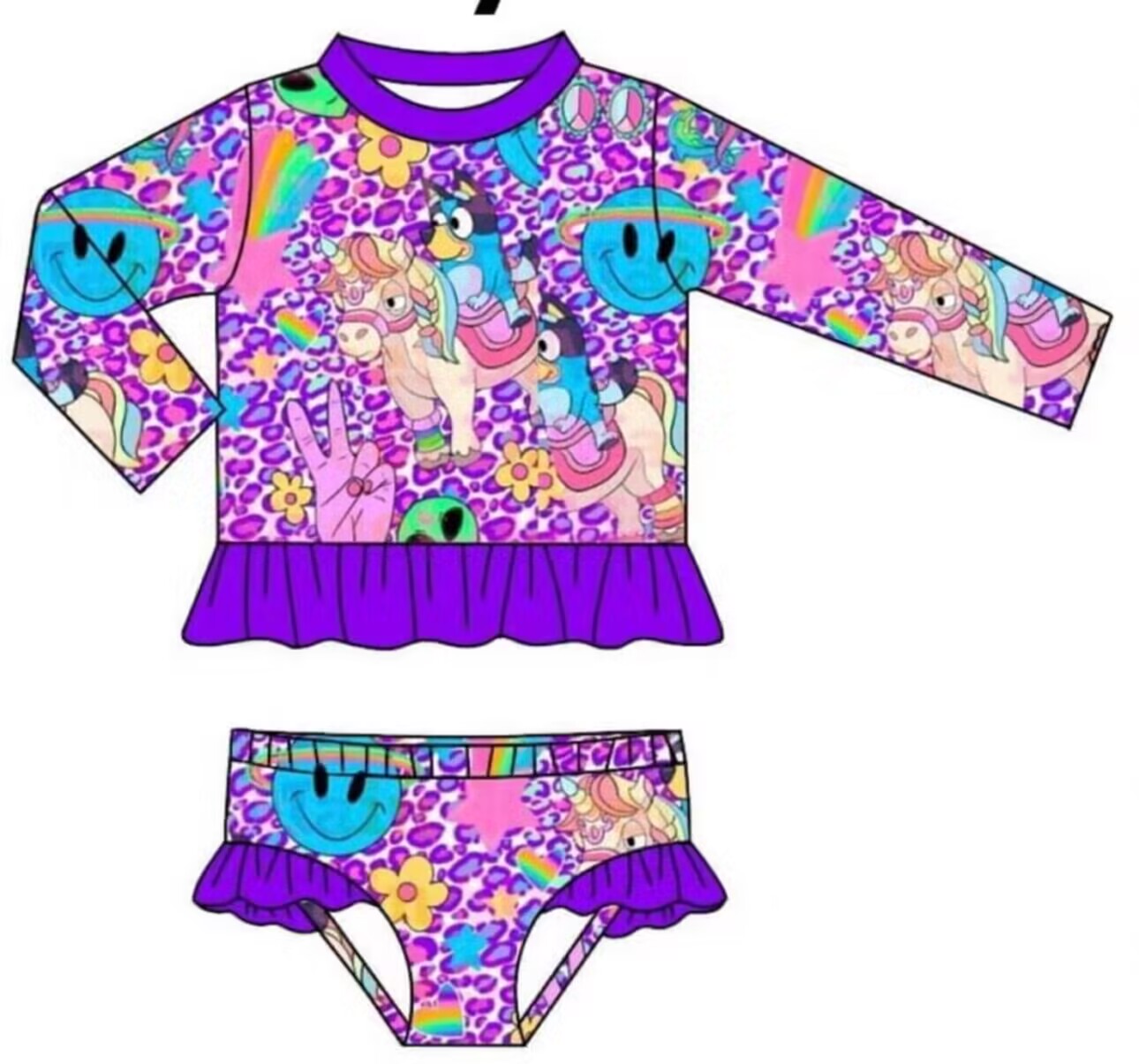 (Custom Design Preorder MOQ 5) Unicorn Cartoon Dog Print Girls 2 Pieces Long Sleeve Swimsuits