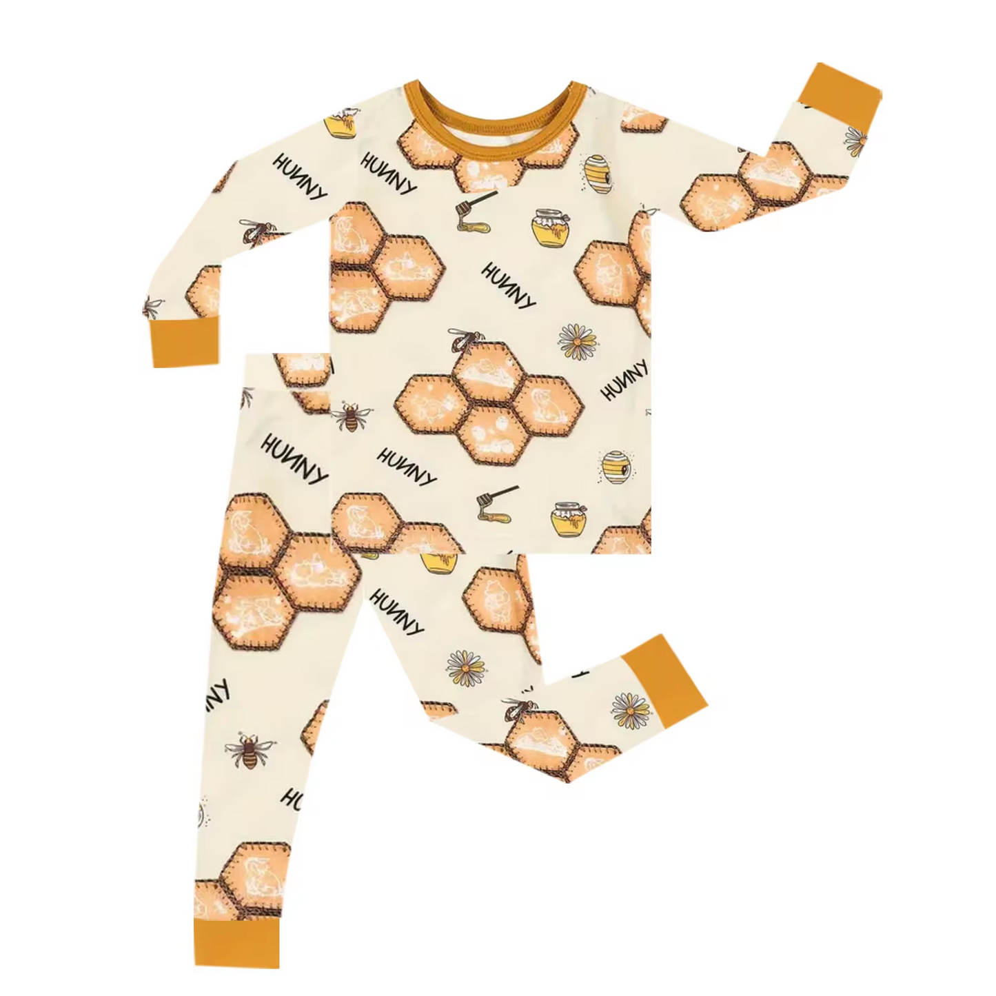 (Custom Design Preorder MOQ 5) Bee Print Girls Fall Pajamas Clothes Set
