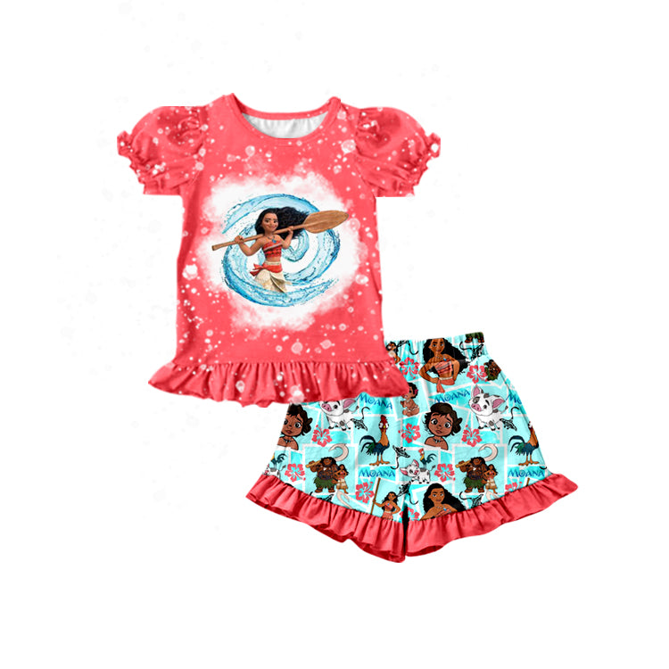 (Custom Design Preorder MOQ 5) Cartoon Pig Beach Print Red Top Shorts Girls Summer Clothes Set