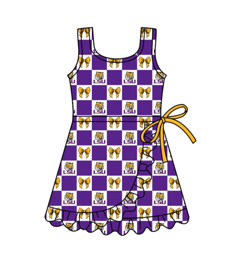 (Custom Design Preorder MOQ 5) Team's LSU Tigers Bows Plaid Print Shorts Skirts Girls Summer Yoga Dress