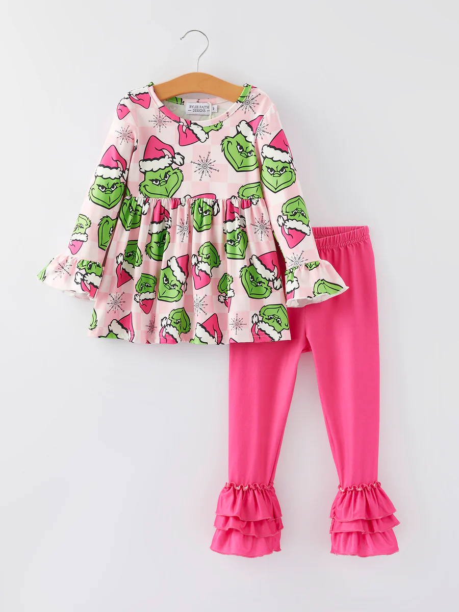 (Custom Design Preorder MOQ 5) Green Frog Tunic Top Pink Pants Girls Christmas Clothes Set