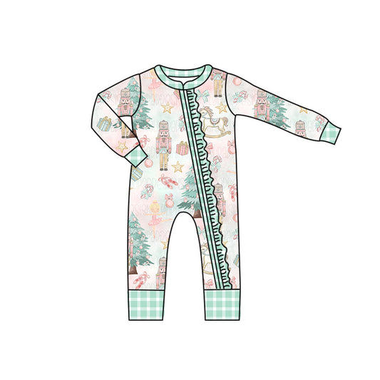 (Custom Design Preorder MOQ 20)  Nutcracker Print Baby Girls Bamboo Christmas Sleeper Zipper Romper