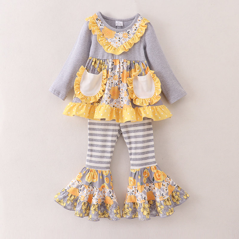 (Custom Design Preorder MOQ 5) Yellow Flowers Tunic Top Gray Stripes Pants Girls Fall Clothes Set