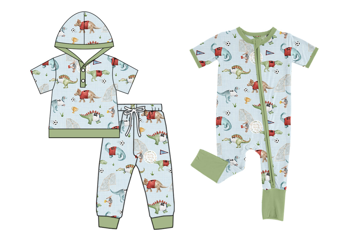 5.2(Custom Design Preorder MOQ 5 Each Design) Dino Soccer Print Boys Matching Clothes Brothers Wear