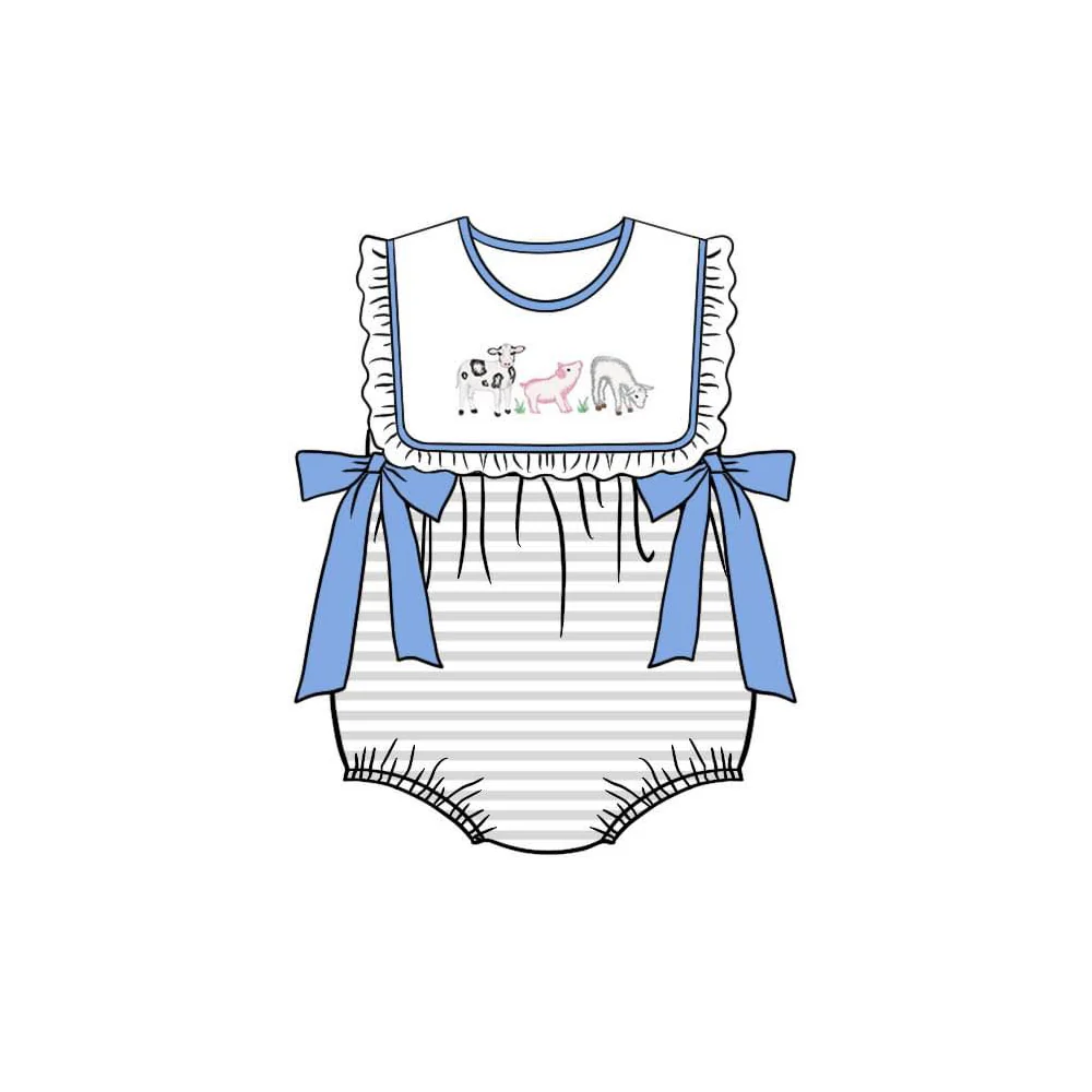 (Custom Design Preorder MOQ 5) Farm Animals Print Baby Girls Summer Romper