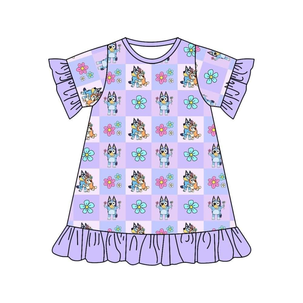 (Custom Design Preorder MOQ 5) Cartoon Dog Purple Print Girls Knee Length Dress